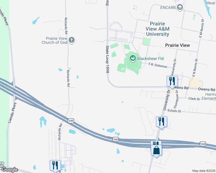 map of restaurants, bars, coffee shops, grocery stores, and more near 45110 Frontage Road in Prairie View