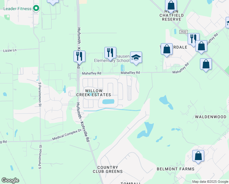 map of restaurants, bars, coffee shops, grocery stores, and more near 22314 Emerald Point Lane in Tomball