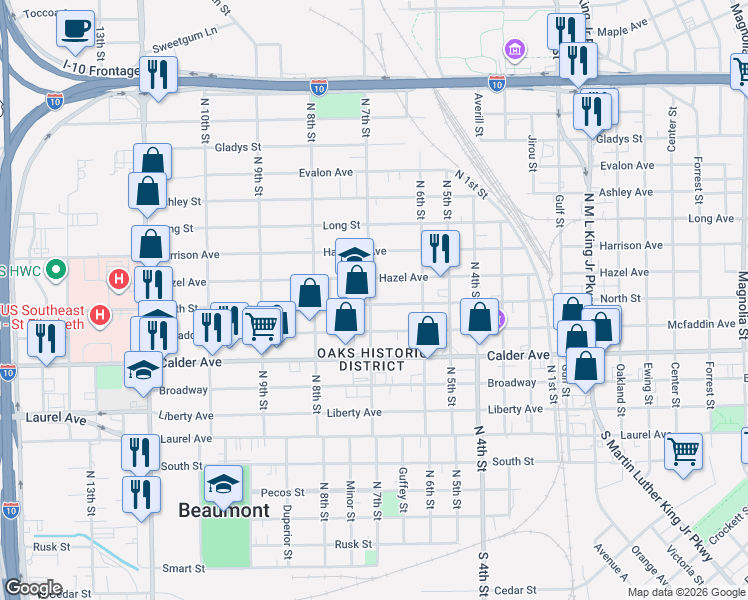 map of restaurants, bars, coffee shops, grocery stores, and more near 2293 Hazel Avenue in Beaumont