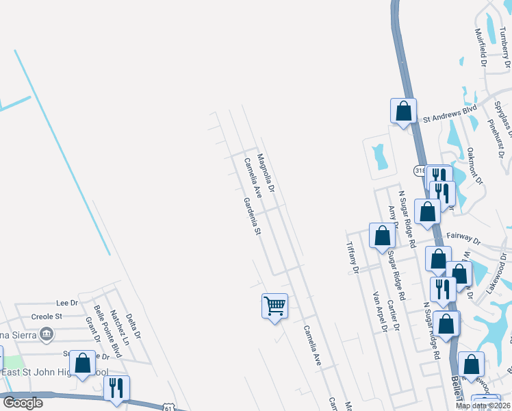 map of restaurants, bars, coffee shops, grocery stores, and more near 621 Camelia Avenue in LaPlace