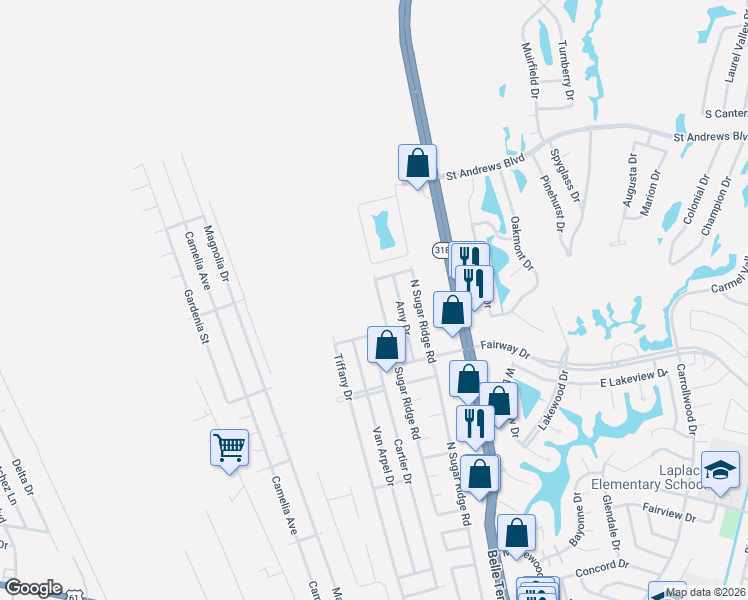 map of restaurants, bars, coffee shops, grocery stores, and more near 2511 South Sugar Ridge Road in LaPlace