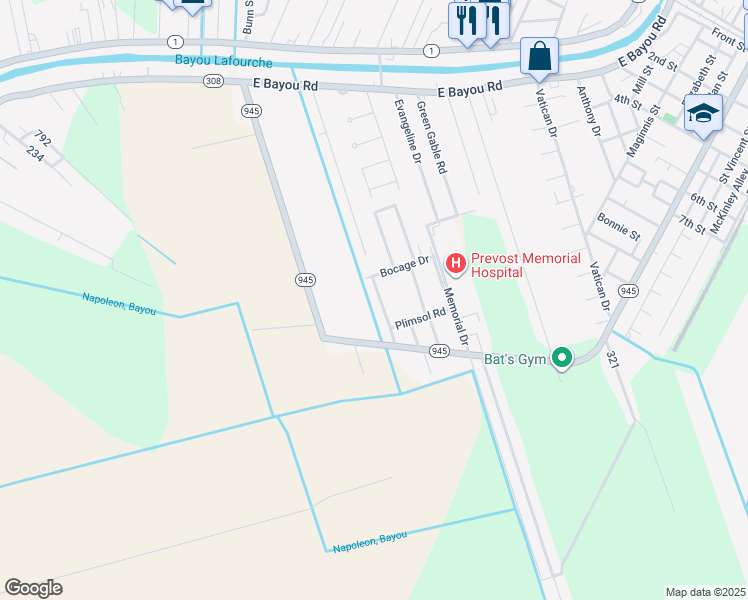 map of restaurants, bars, coffee shops, grocery stores, and more near 106 Oak Ridge Avenue in Donaldsonville