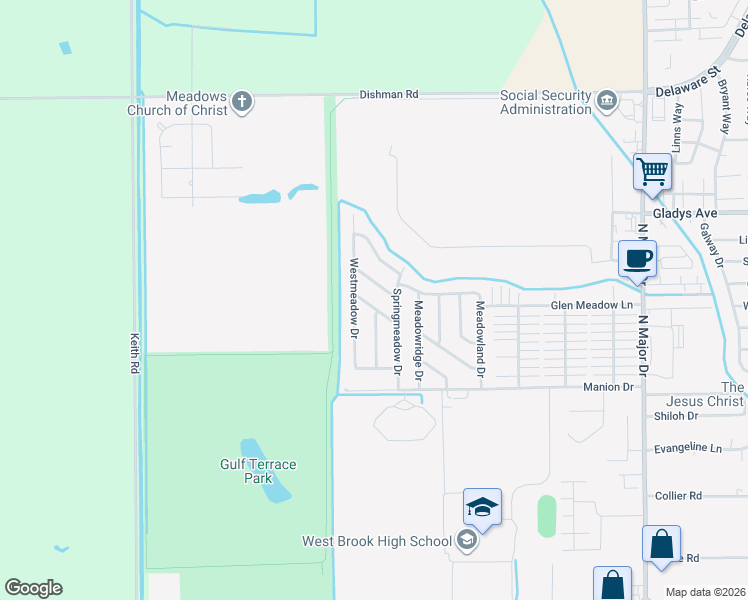 map of restaurants, bars, coffee shops, grocery stores, and more near 9650 Meadowick Drive in Beaumont