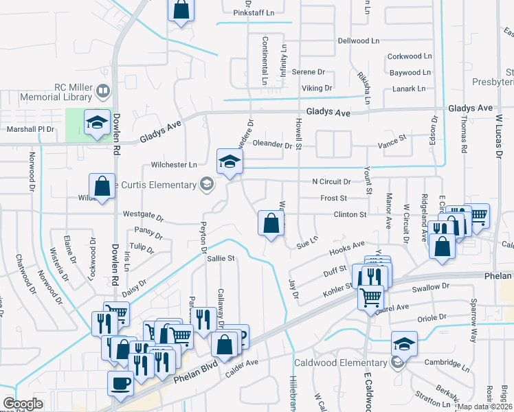 map of restaurants, bars, coffee shops, grocery stores, and more near 5940 Rankin Drive in Beaumont