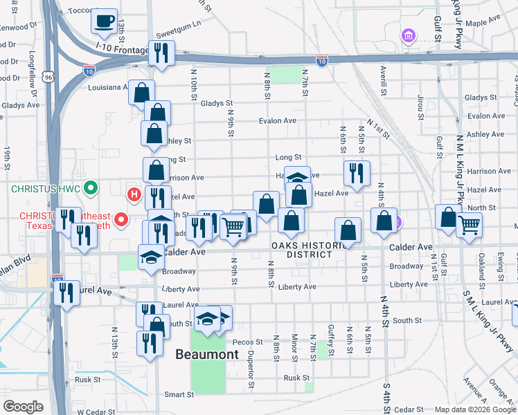 map of restaurants, bars, coffee shops, grocery stores, and more near 2431 Hazel Avenue in Beaumont