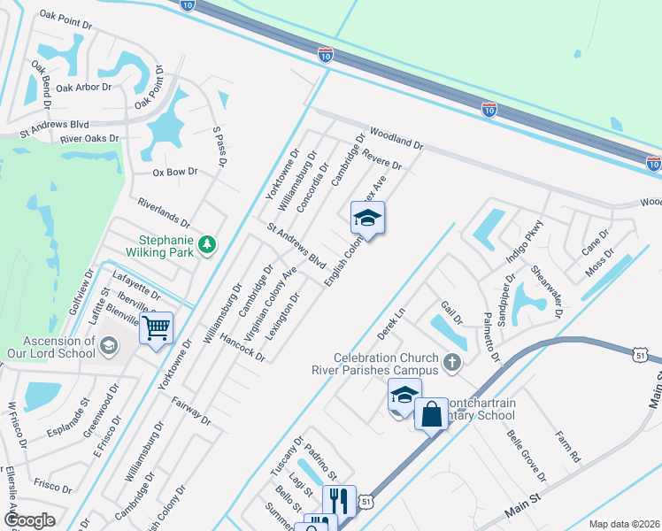 map of restaurants, bars, coffee shops, grocery stores, and more near 601 Monticello Court in LaPlace