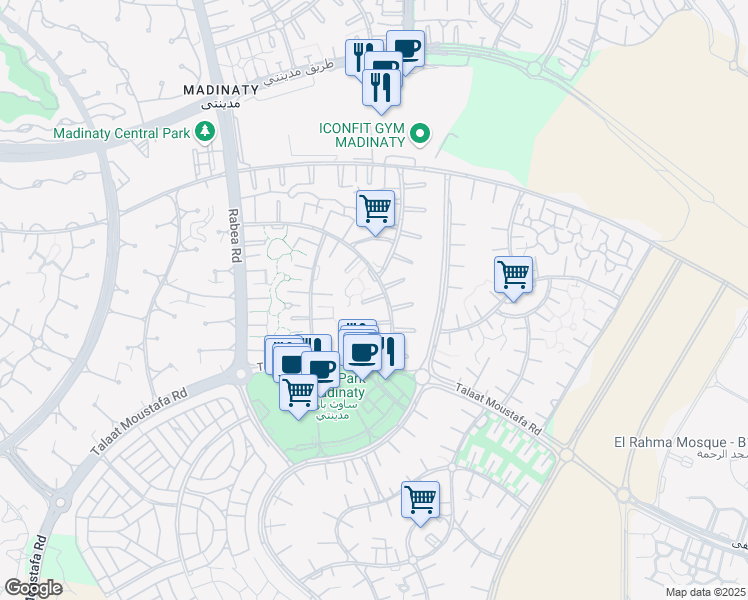 map of restaurants, bars, coffee shops, grocery stores, and more near in Second New Cairo
