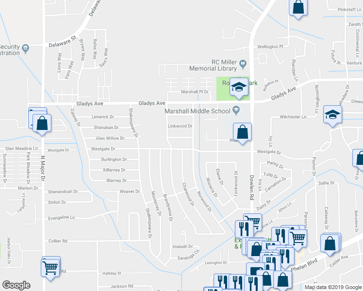 map of restaurants, bars, coffee shops, grocery stores, and more near 6750 Westgate Drive in Beaumont