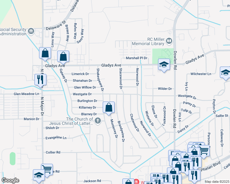 map of restaurants, bars, coffee shops, grocery stores, and more near 1245 Stacewood Drive in Beaumont