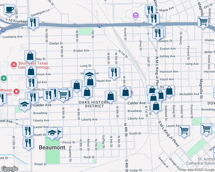 map of restaurants, bars, coffee shops, grocery stores, and more near 2245 Hazel Avenue in Beaumont