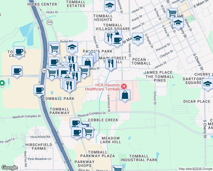 map of restaurants, bars, coffee shops, grocery stores, and more near 602 Lawrence Street in Tomball