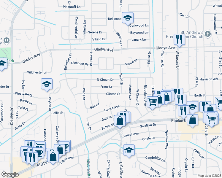 map of restaurants, bars, coffee shops, grocery stores, and more near 5550 Frost Street in Beaumont
