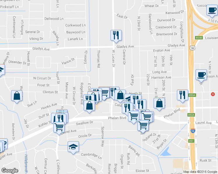 map of restaurants, bars, coffee shops, grocery stores, and more near 811 West Lucas Drive in Beaumont
