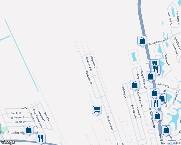 map of restaurants, bars, coffee shops, grocery stores, and more near 621 Camelia Avenue in LaPlace