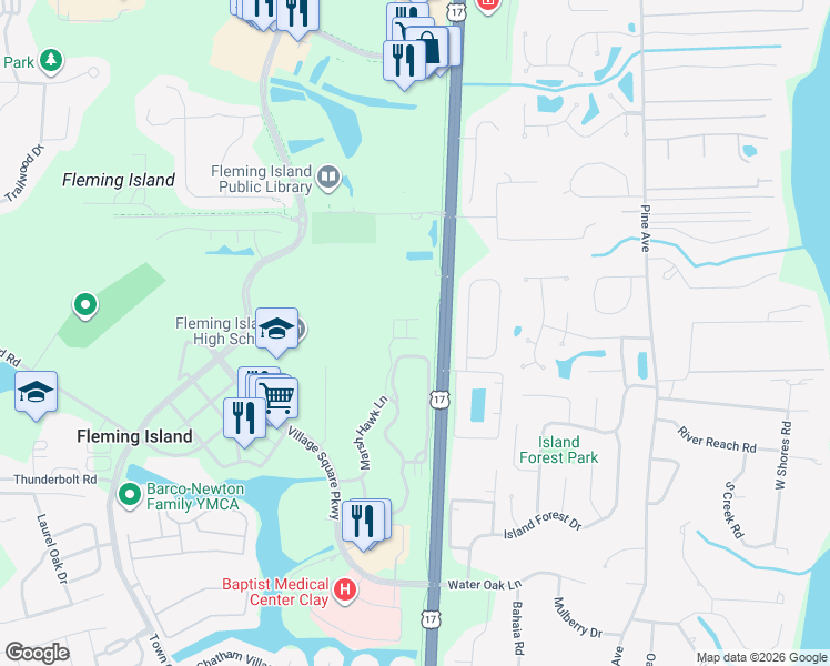 map of restaurants, bars, coffee shops, grocery stores, and more near 308 Marsh Hawk Lane in Fleming Island