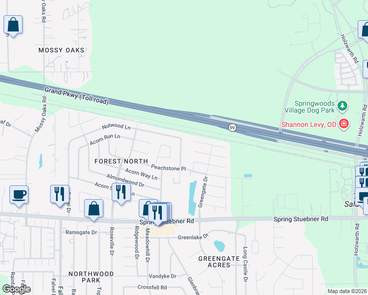 map of restaurants, bars, coffee shops, grocery stores, and more near 22346 Nutwood Lane in Spring