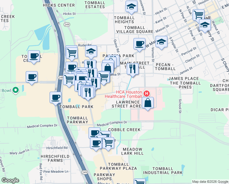 map of restaurants, bars, coffee shops, grocery stores, and more near 1200 Graham Drive in Tomball