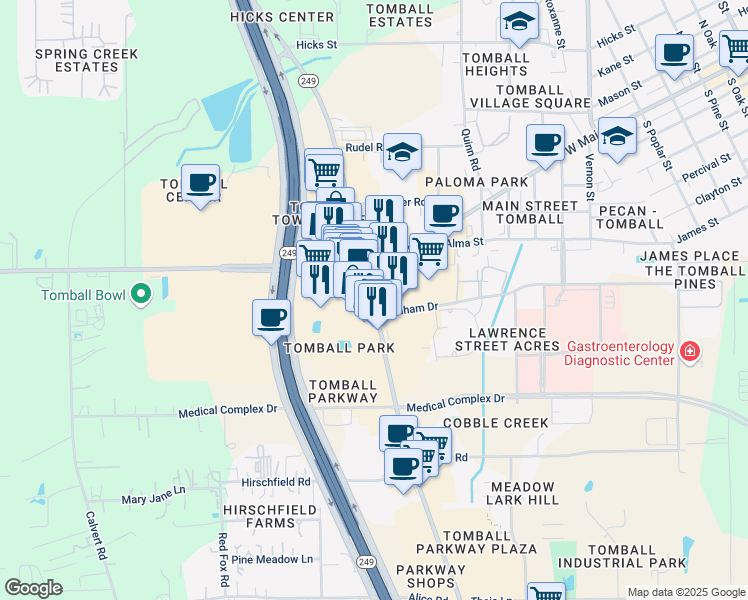 map of restaurants, bars, coffee shops, grocery stores, and more near 28520 Tomball Parkway in Tomball