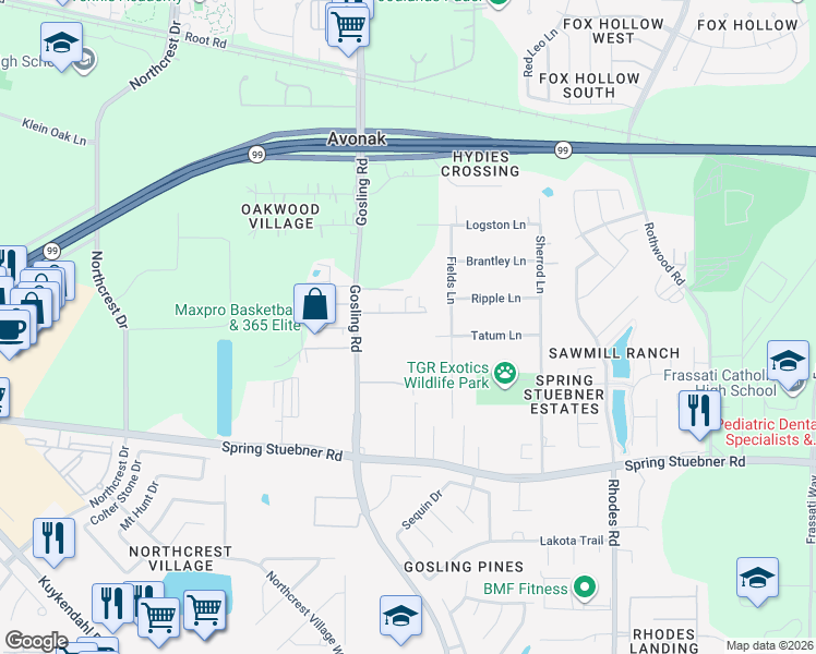 map of restaurants, bars, coffee shops, grocery stores, and more near 5533 Avanak Street in Spring