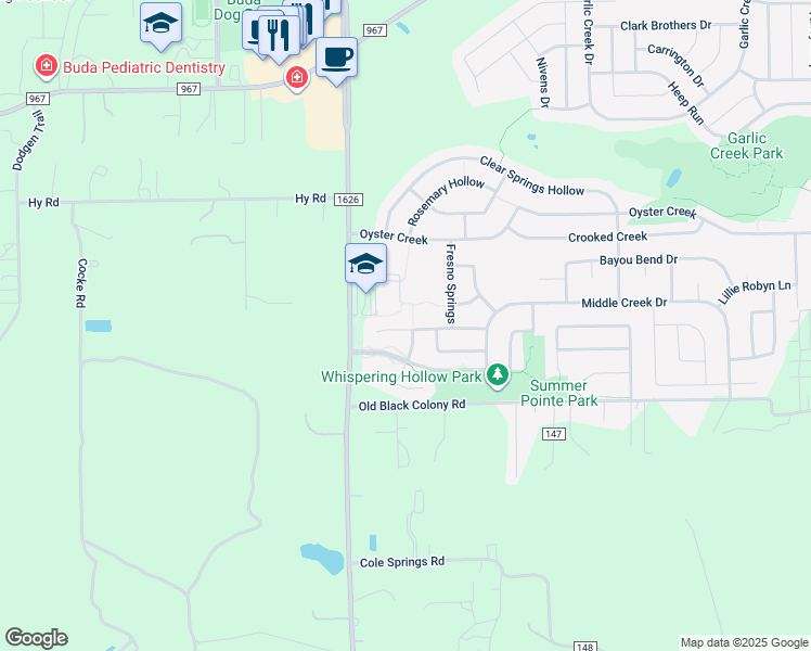 map of restaurants, bars, coffee shops, grocery stores, and more near 290 Wildhorse Creek in Buda