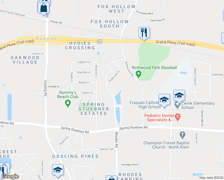 map of restaurants, bars, coffee shops, grocery stores, and more near 5018 Sawmill Terrace Lane in Spring