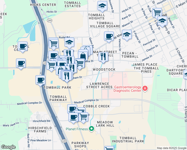 map of restaurants, bars, coffee shops, grocery stores, and more near 1107 Graham Drive in Tomball