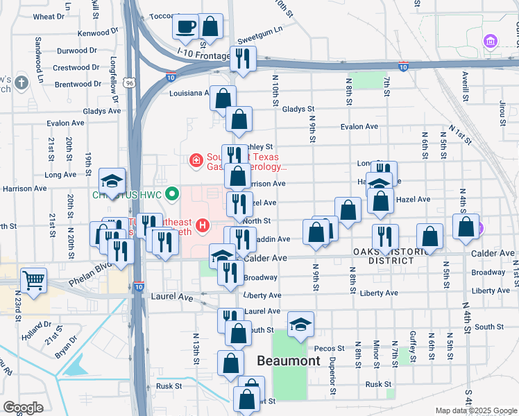 map of restaurants, bars, coffee shops, grocery stores, and more near 2621 Hazel Avenue in Beaumont