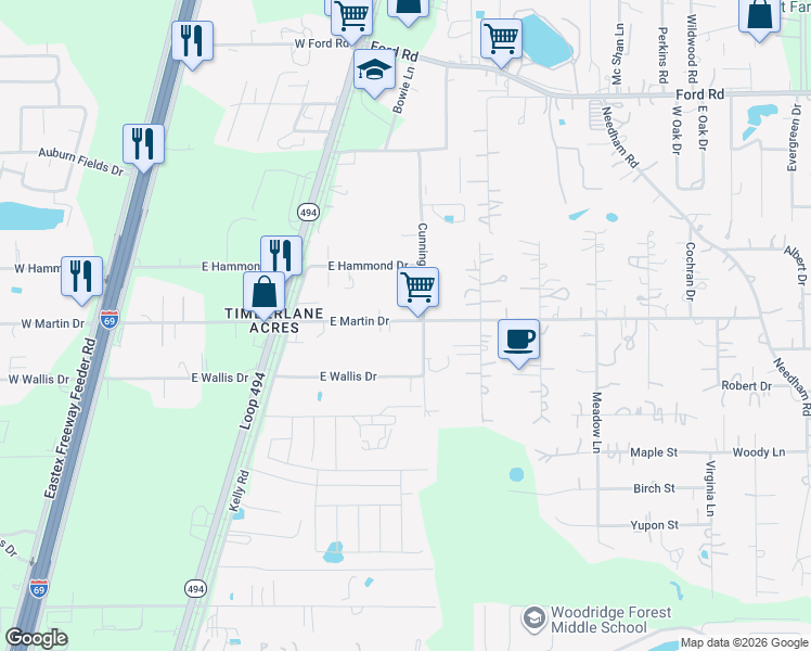map of restaurants, bars, coffee shops, grocery stores, and more near 1919 East Martin Drive in Porter