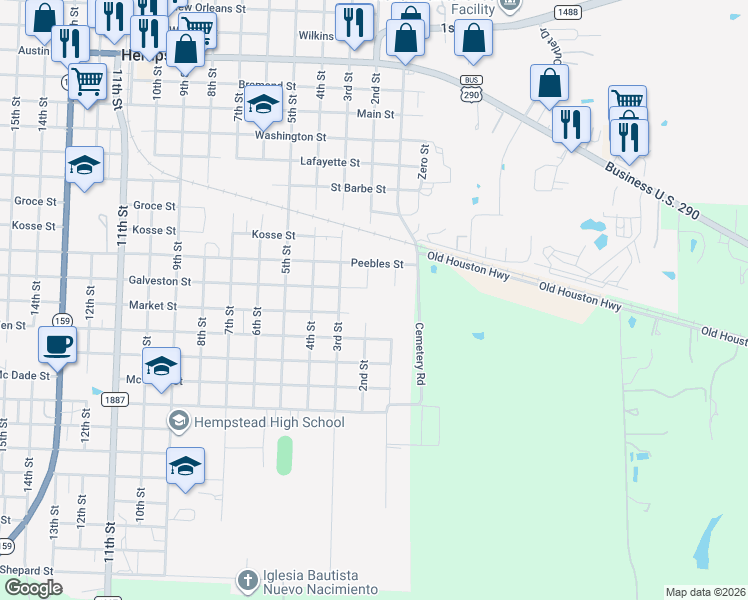map of restaurants, bars, coffee shops, grocery stores, and more near 1650 2nd Street in Hempstead