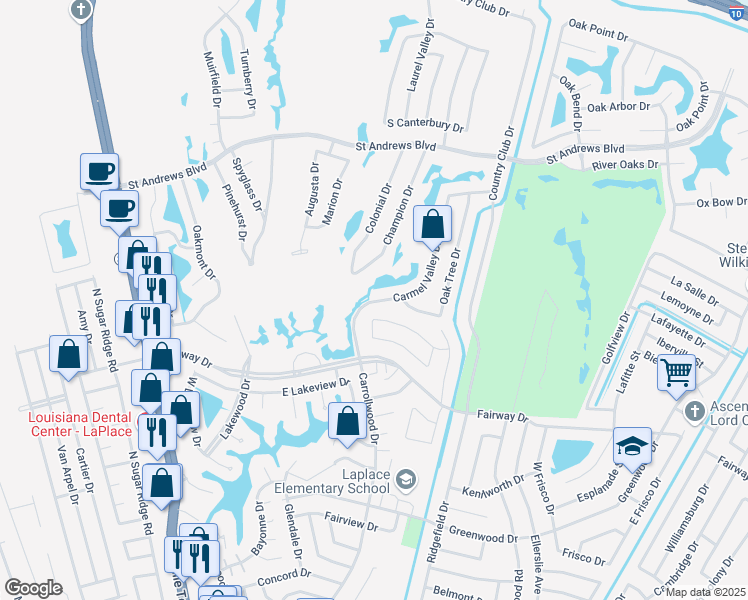 map of restaurants, bars, coffee shops, grocery stores, and more near 2029 Carmel Valley Drive in LaPlace