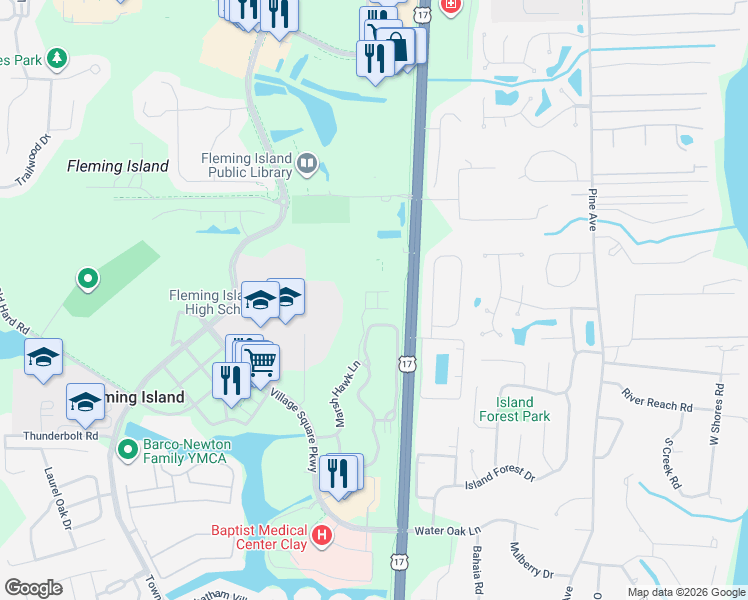 map of restaurants, bars, coffee shops, grocery stores, and more near 308 Marsh Hawk Lane in Fleming Island
