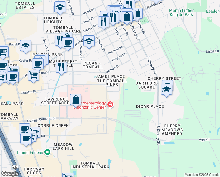 map of restaurants, bars, coffee shops, grocery stores, and more near 517 School Street in Tomball