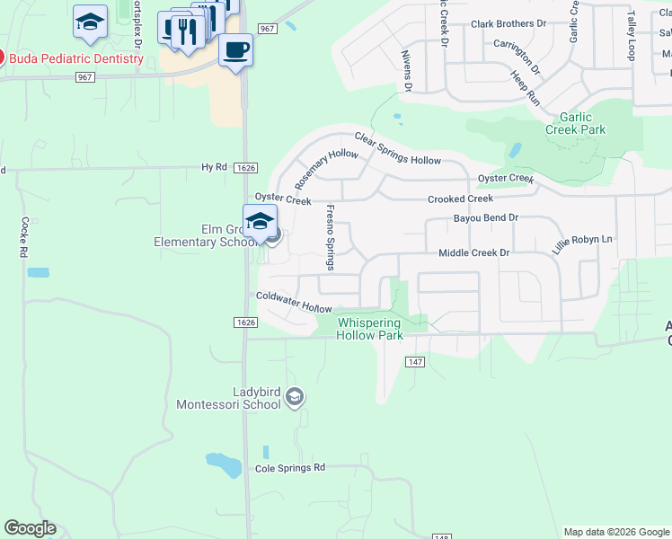 map of restaurants, bars, coffee shops, grocery stores, and more near 180 Wildhorse Creek in Buda