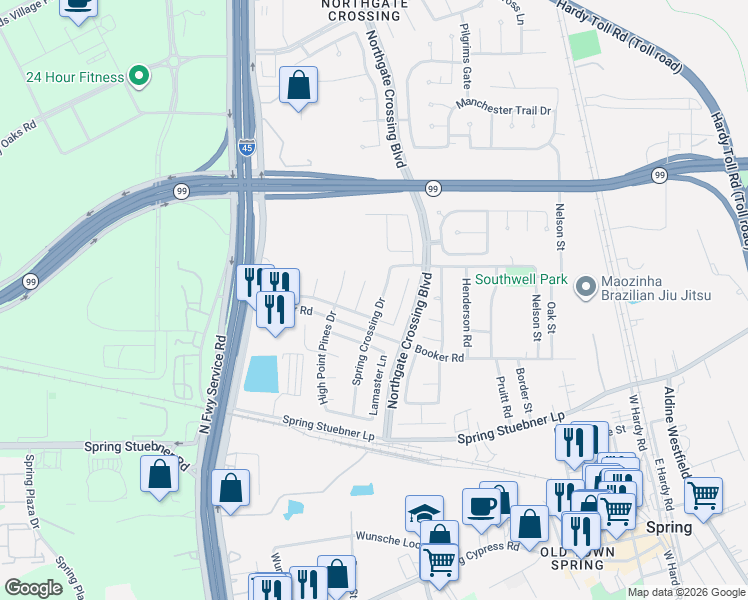 map of restaurants, bars, coffee shops, grocery stores, and more near 22522 Spence Park Court in Spring