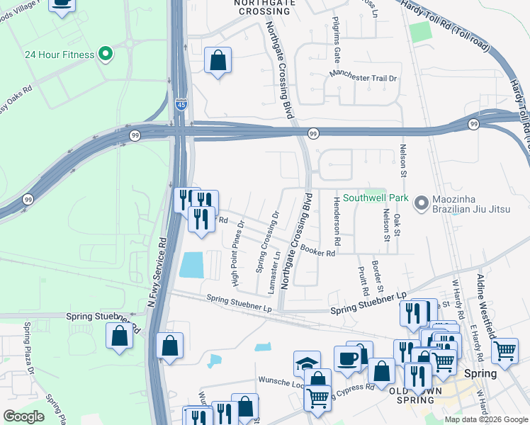 map of restaurants, bars, coffee shops, grocery stores, and more near 22522 Spence Park Court in Spring
