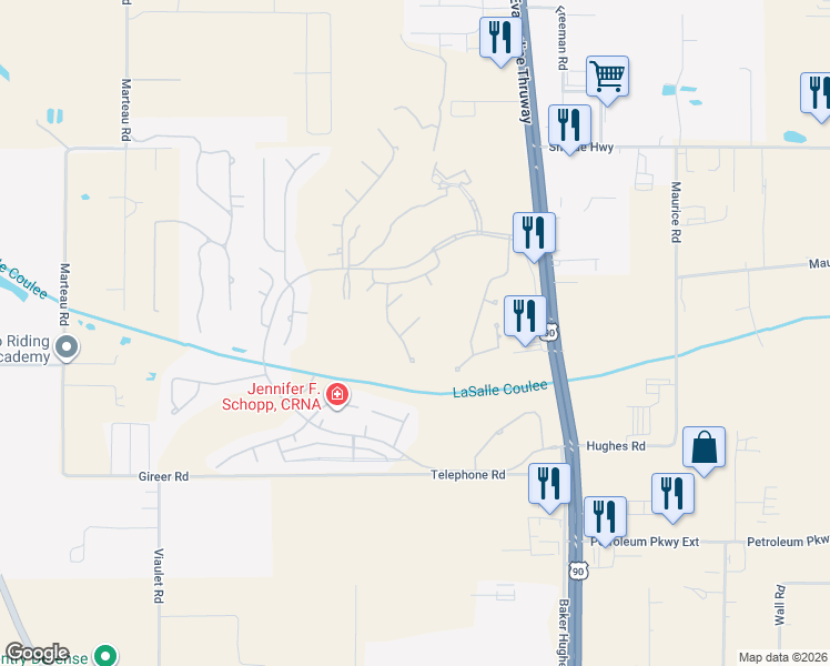 map of restaurants, bars, coffee shops, grocery stores, and more near 102 Mid-Ocean Court in Broussard