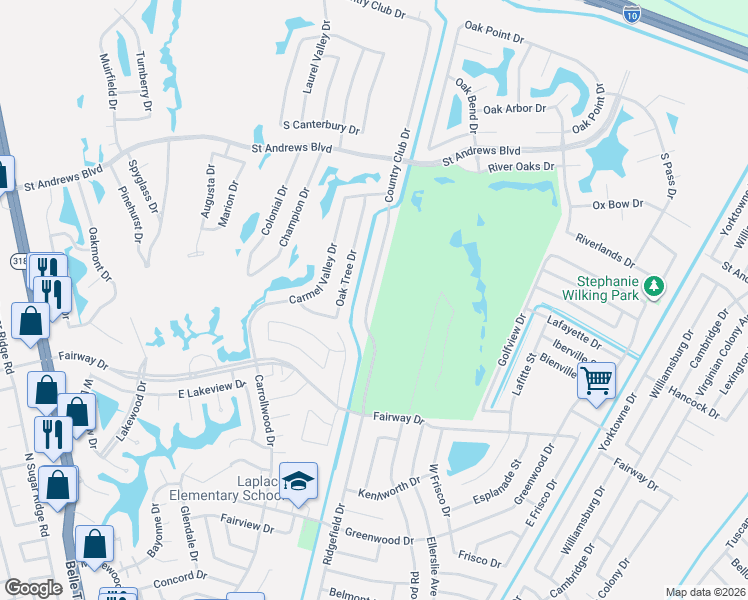 map of restaurants, bars, coffee shops, grocery stores, and more near 56 Country Club Drive in LaPlace