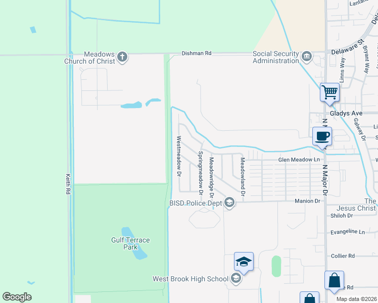 map of restaurants, bars, coffee shops, grocery stores, and more near 9655 Meadowbrook Drive in Beaumont