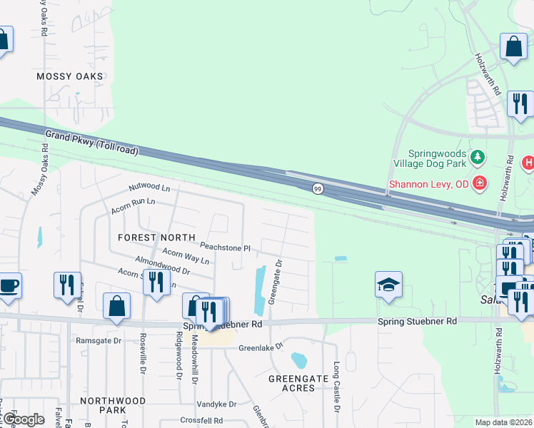map of restaurants, bars, coffee shops, grocery stores, and more near 3139 Aspen Fair Trail in Spring