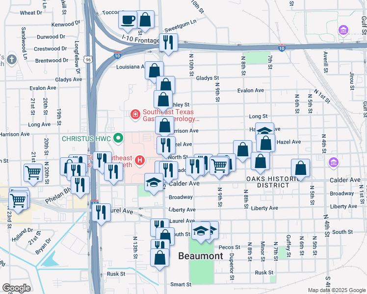 map of restaurants, bars, coffee shops, grocery stores, and more near 2621 Hazel Avenue in Beaumont
