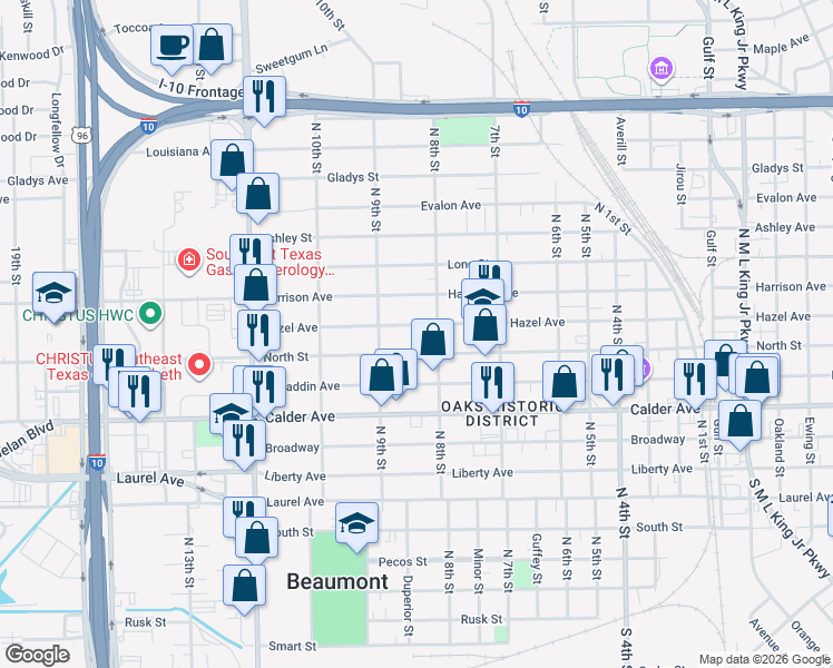 map of restaurants, bars, coffee shops, grocery stores, and more near 2431 Hazel Avenue in Beaumont
