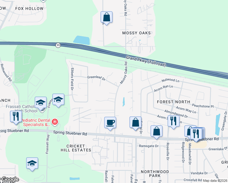map of restaurants, bars, coffee shops, grocery stores, and more near 22329 Mossy Oaks Road in Spring