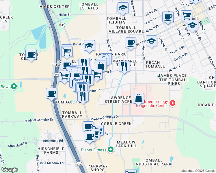 map of restaurants, bars, coffee shops, grocery stores, and more near 1214 Graham Drive in Tomball
