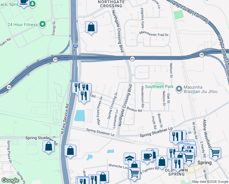 map of restaurants, bars, coffee shops, grocery stores, and more near 22522 Spence Park Court in Spring