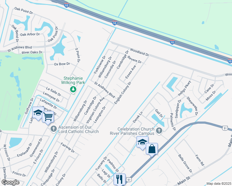 map of restaurants, bars, coffee shops, grocery stores, and more near 601 Monticello Court in LaPlace