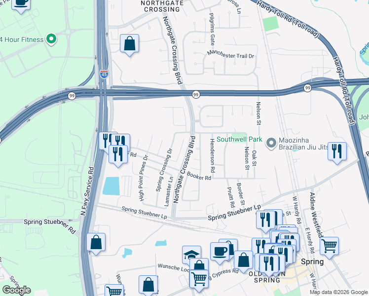 map of restaurants, bars, coffee shops, grocery stores, and more near 22602 Goss Spring Court in Spring