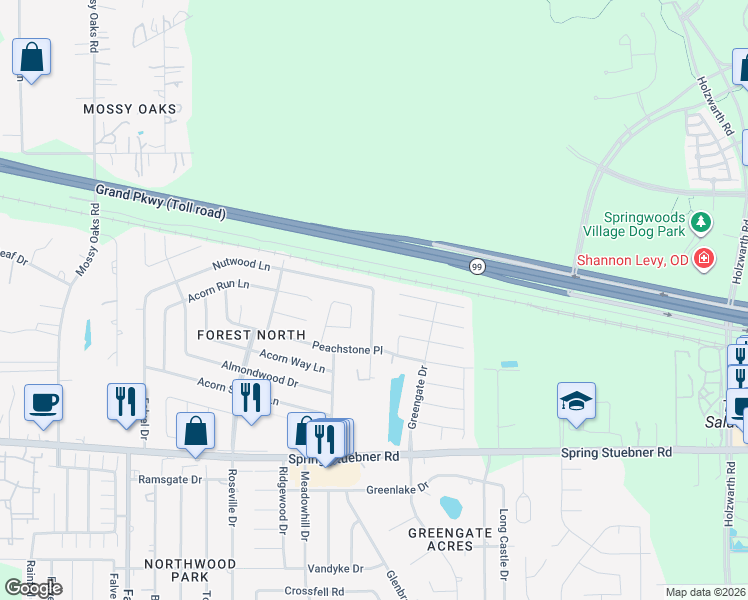 map of restaurants, bars, coffee shops, grocery stores, and more near 22346 Nutwood Lane in Spring