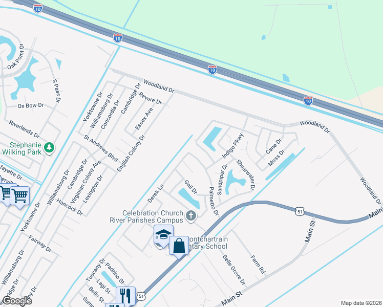 map of restaurants, bars, coffee shops, grocery stores, and more near 145 Derek Lane in LaPlace