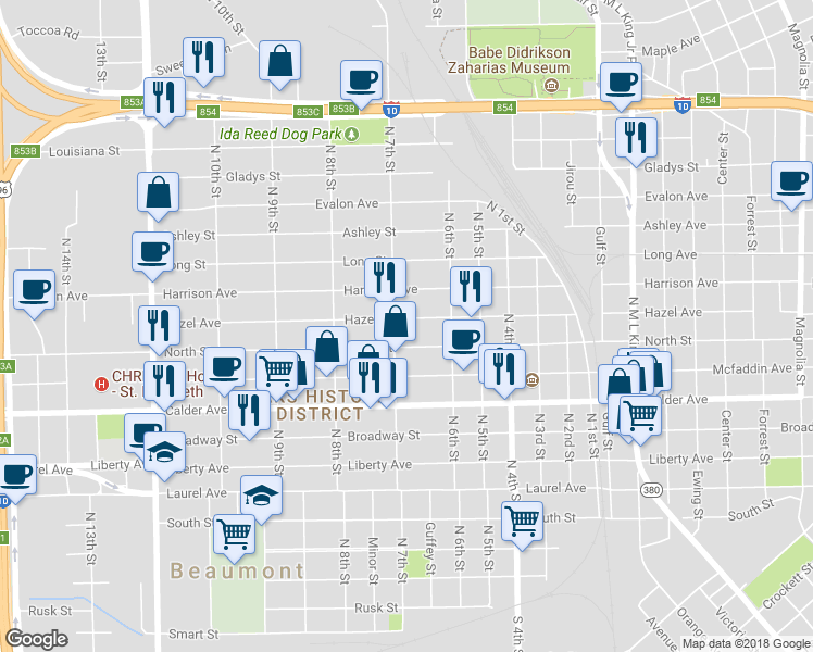 map of restaurants, bars, coffee shops, grocery stores, and more near 2281 Hazel Avenue in Beaumont