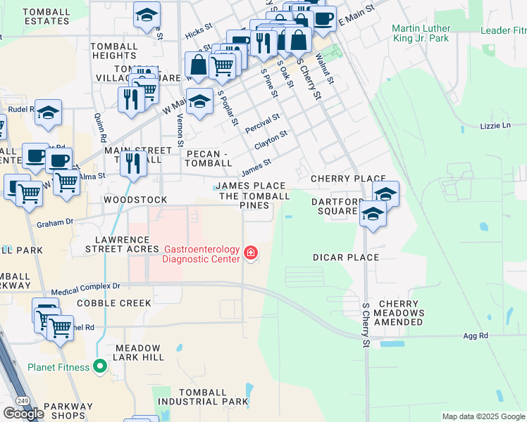 map of restaurants, bars, coffee shops, grocery stores, and more near 517 School Street in Tomball